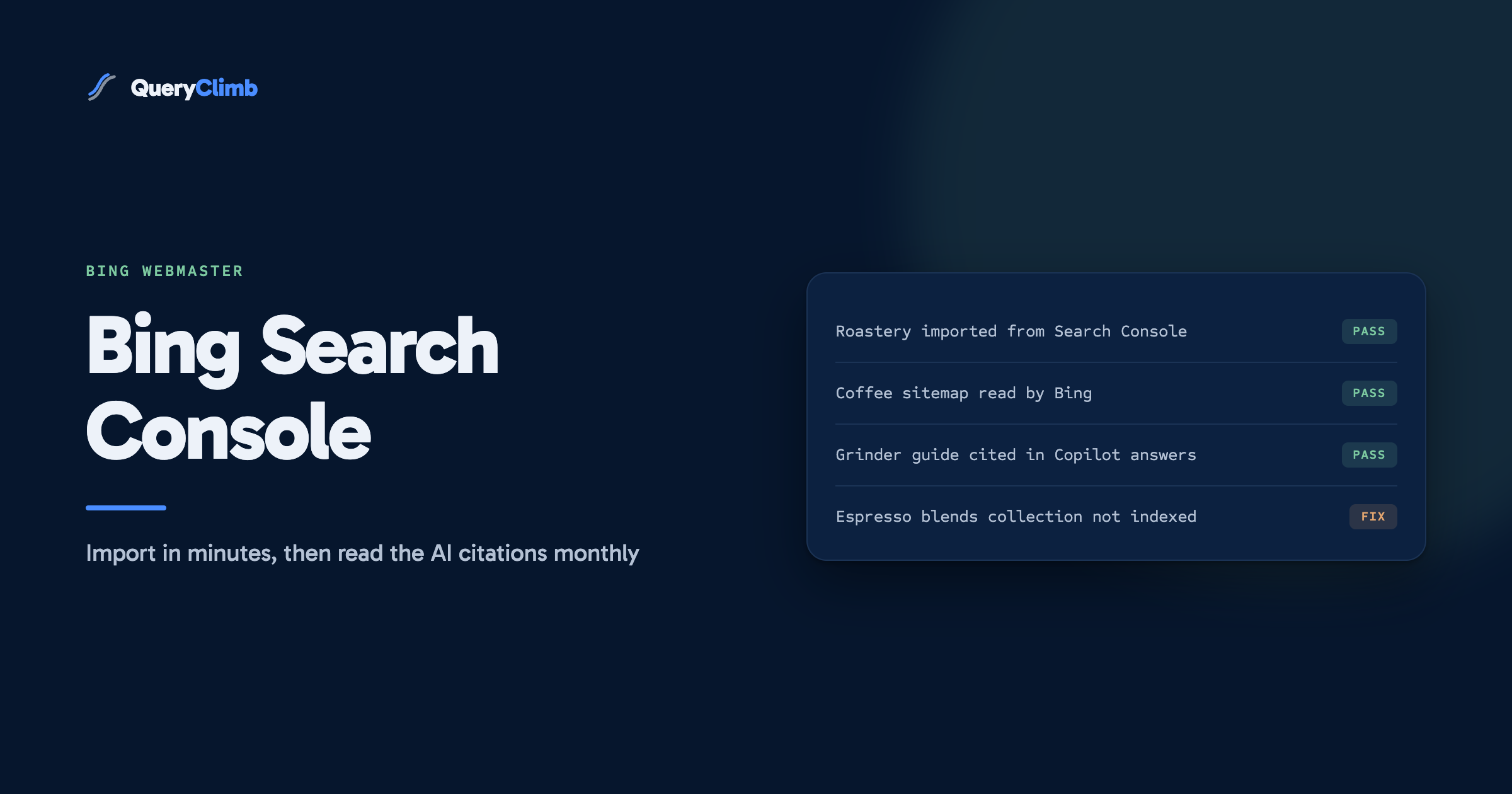 A four-row Bing Webmaster Tools checklist for a coffee roaster: roastery imported from Search Console, coffee sitemap read by Bing and grinder guide cited in Copilot answers all marked PASS, espresso blends collection not indexed marked FIX
