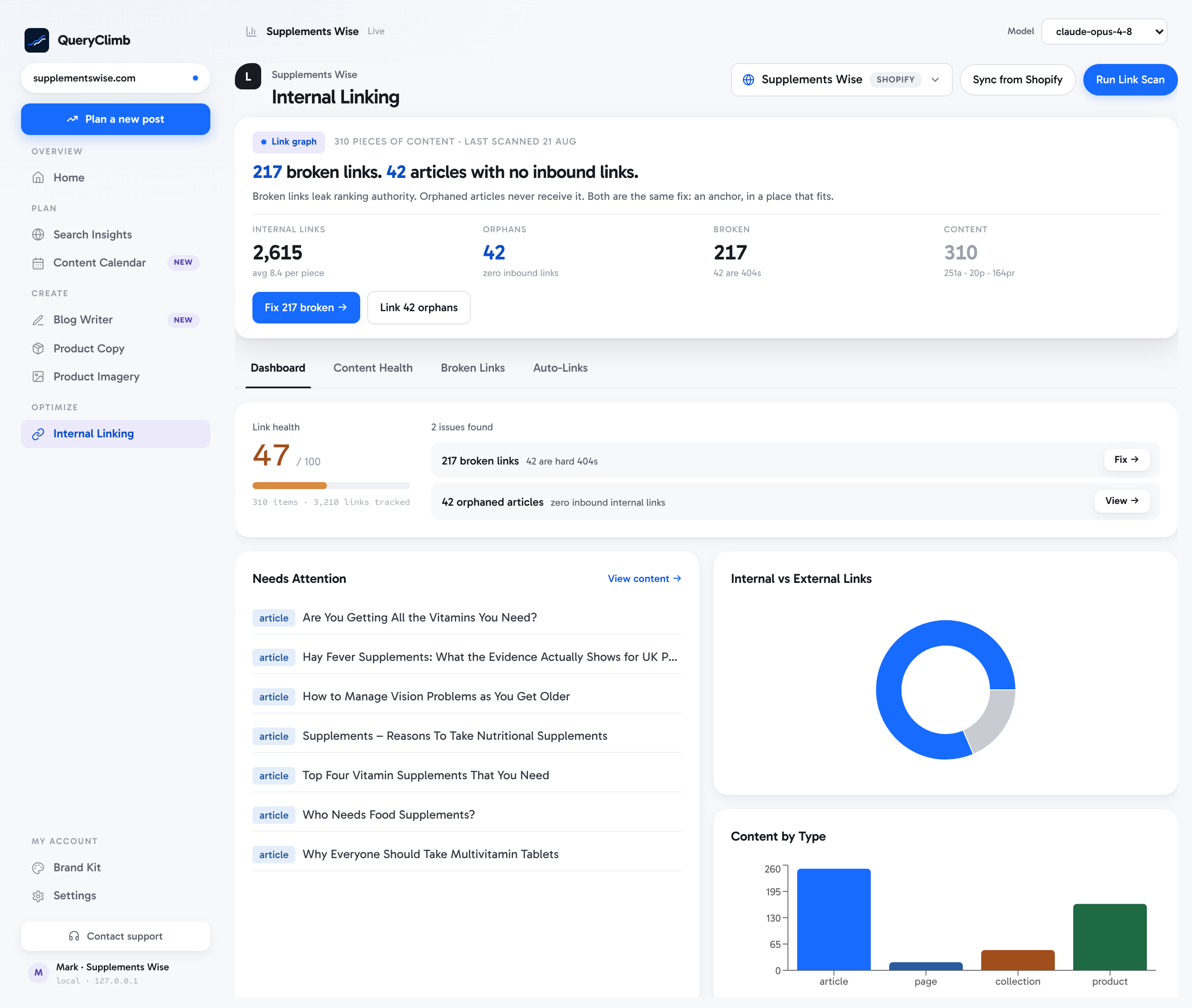 The Internal Linking dashboard showing link health, broken links, orphaned articles, content needing attention and link distribution charts